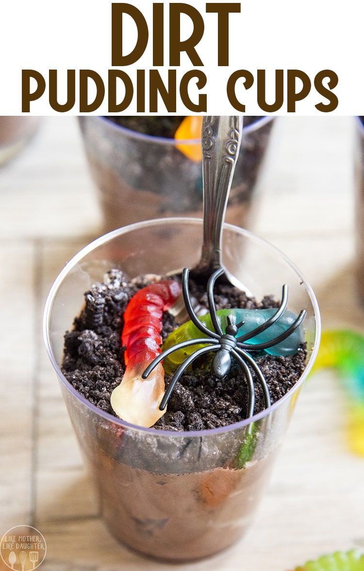A cup of pudding topped with crushed Oreo cookies and gummy worms, with a text overlay at the top.