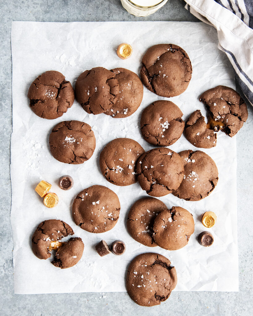 Cake Mix Rolo Cookies on a piece of parchment paper, topped with sea salt.
