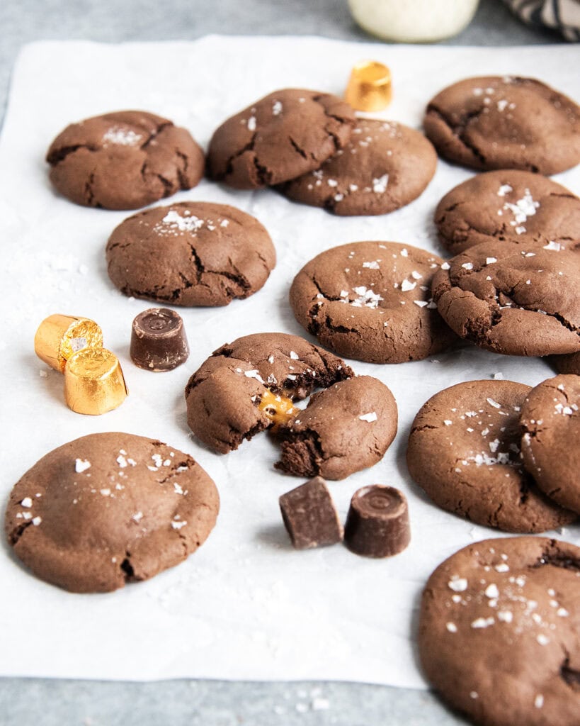 Cake Mix Rolo Cookies on a piece of parchment paper.