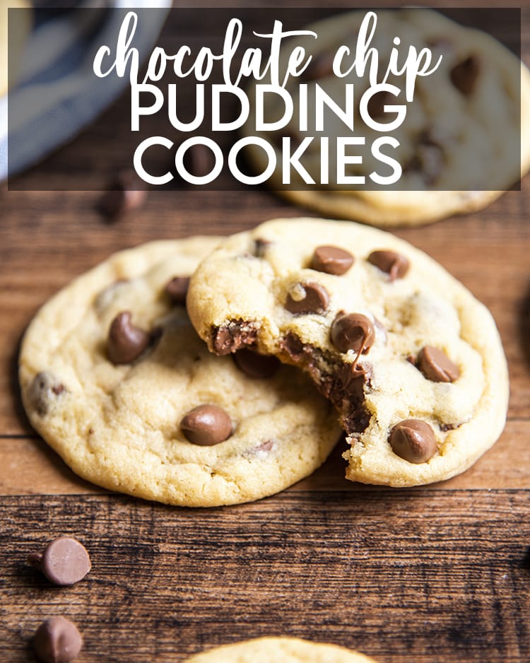 Two Chocolate Chip Pudding Cookies with a bite out of one with a text overlay for pinterest.