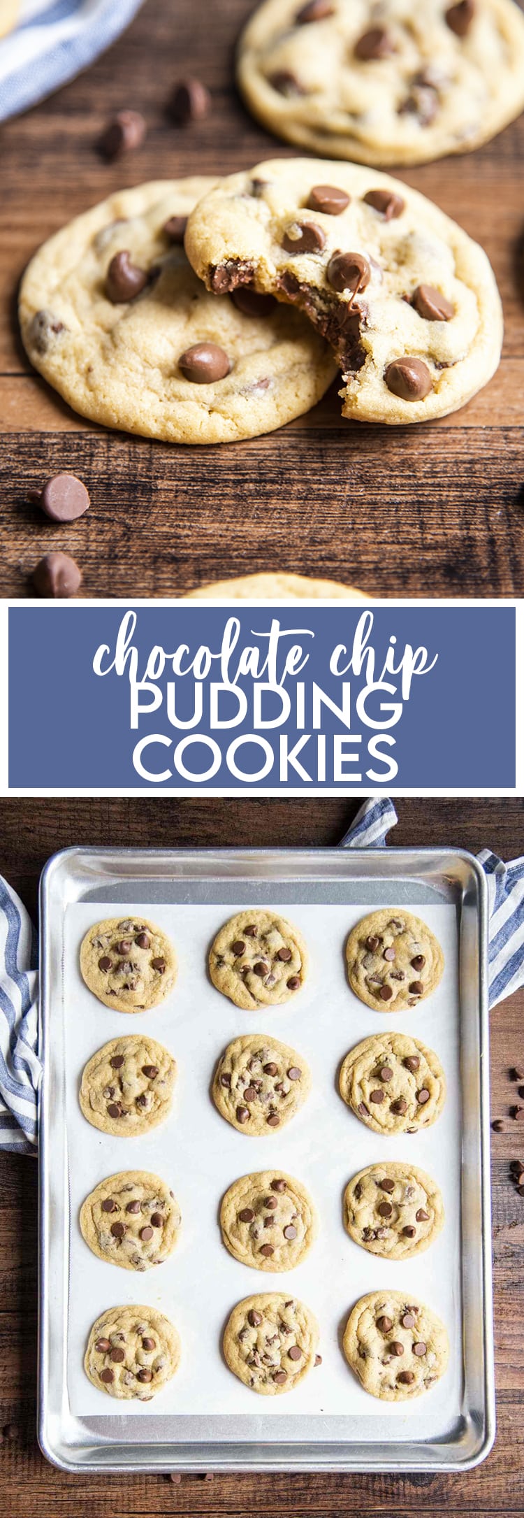 A collage of two photos of chocolate chip pudding cookies with title card of same text.