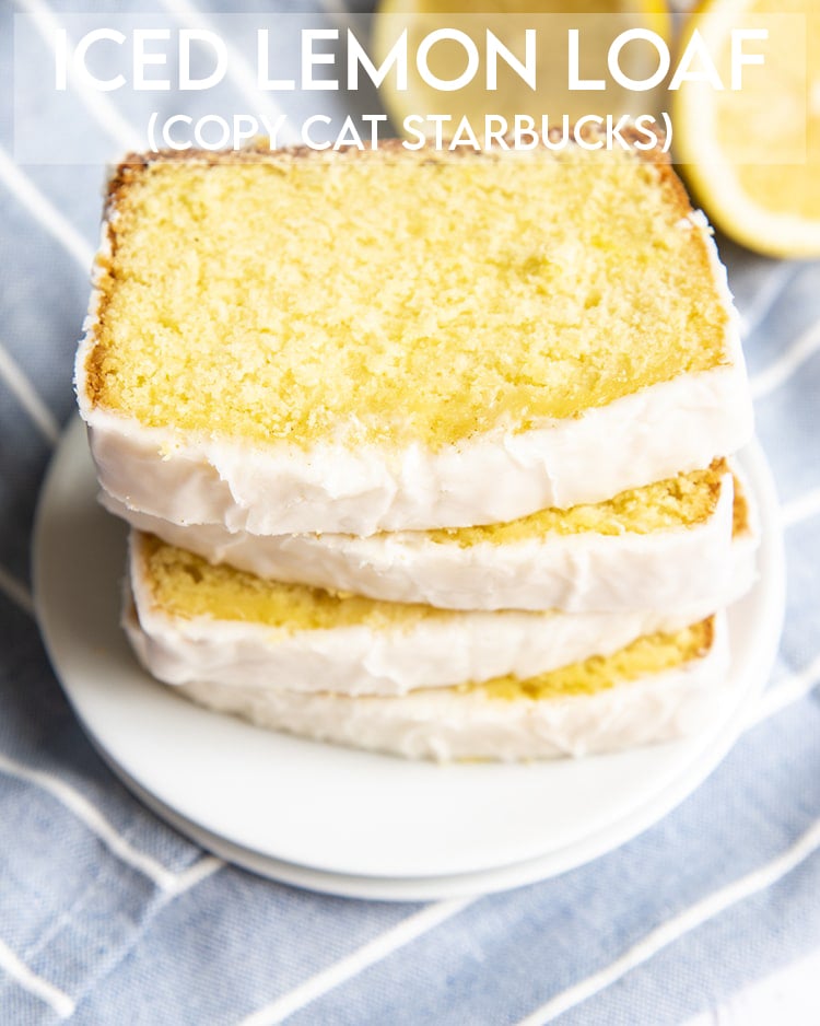 A stack of lemon pound cake slices on top of each other with text overlay for pinterest.
