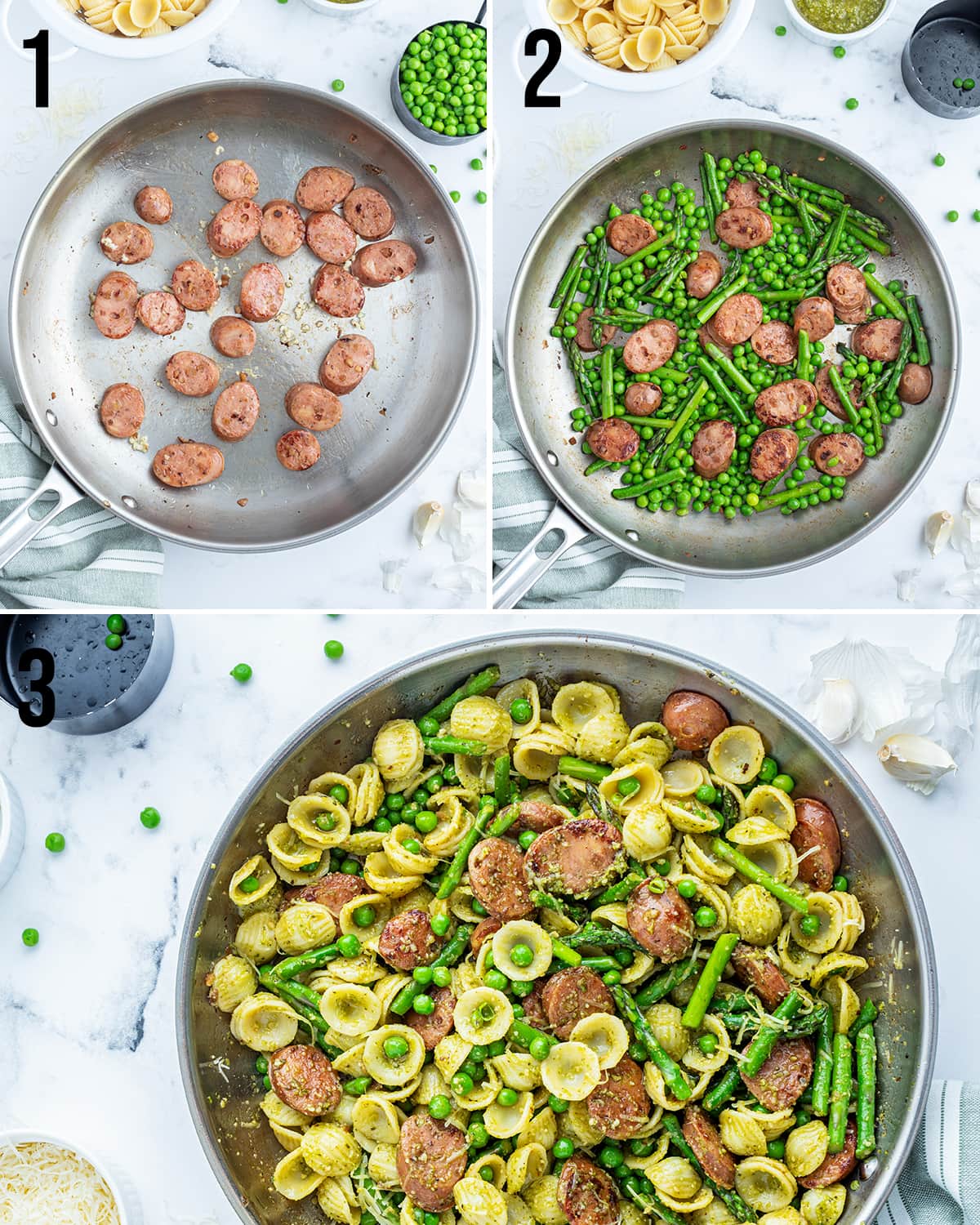 A collage of three photos showing how to make pesto orecchiette pasta. 