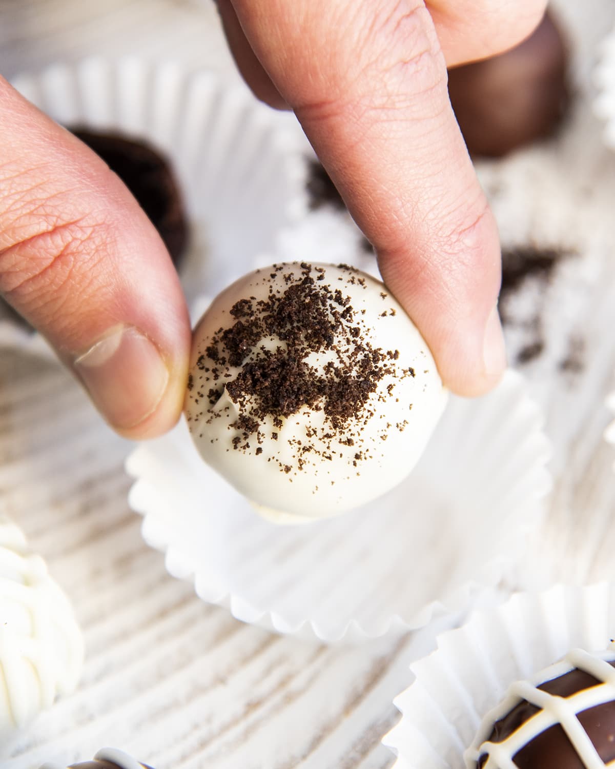 A hand holding a white chocolate Oreo ball topped with oreo crumbs.