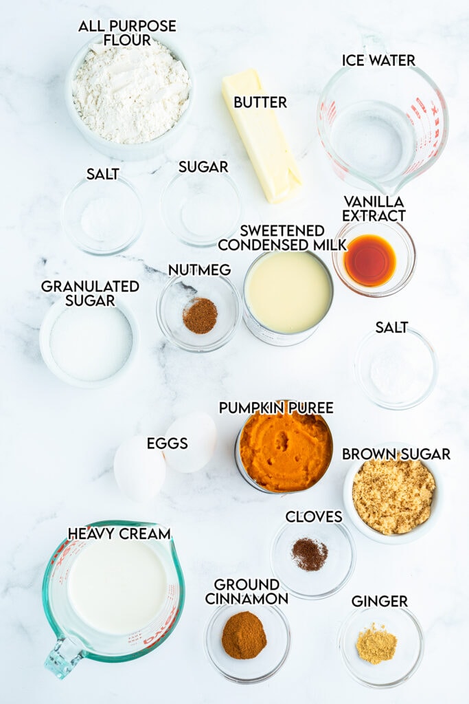 Bowls of the ingredients needed to make pumpkin pie.