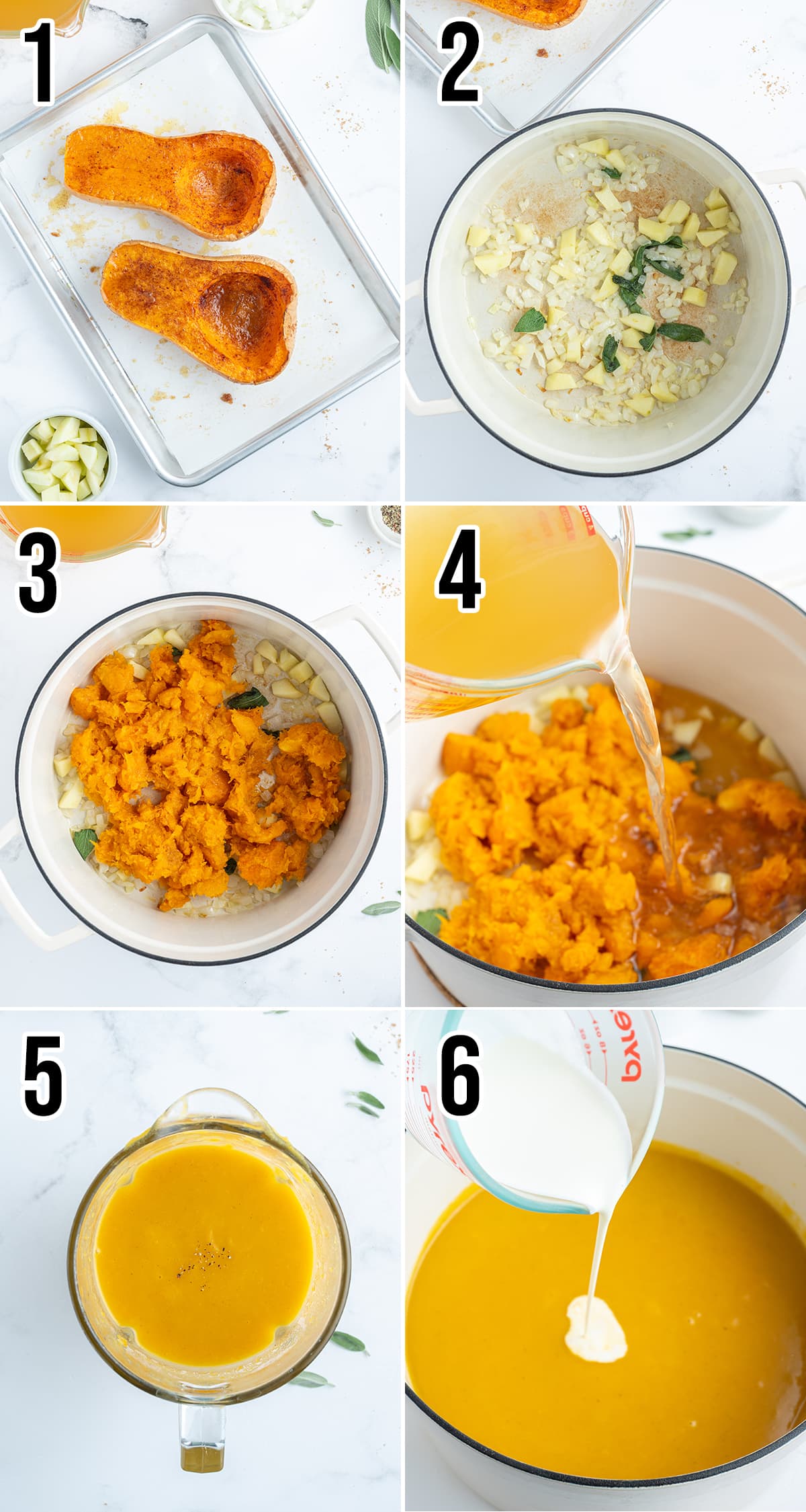 A collage of 6 photos showing how to make butternut squash soup.