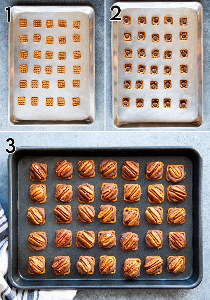 A collage of three photos showing how to make rolo pretzel turtle treats.