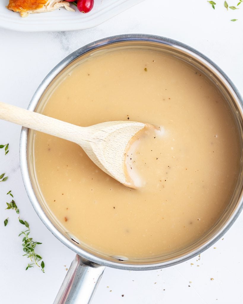 An overhead photo of a pot of turkey gravy with a wooden spoon in it.