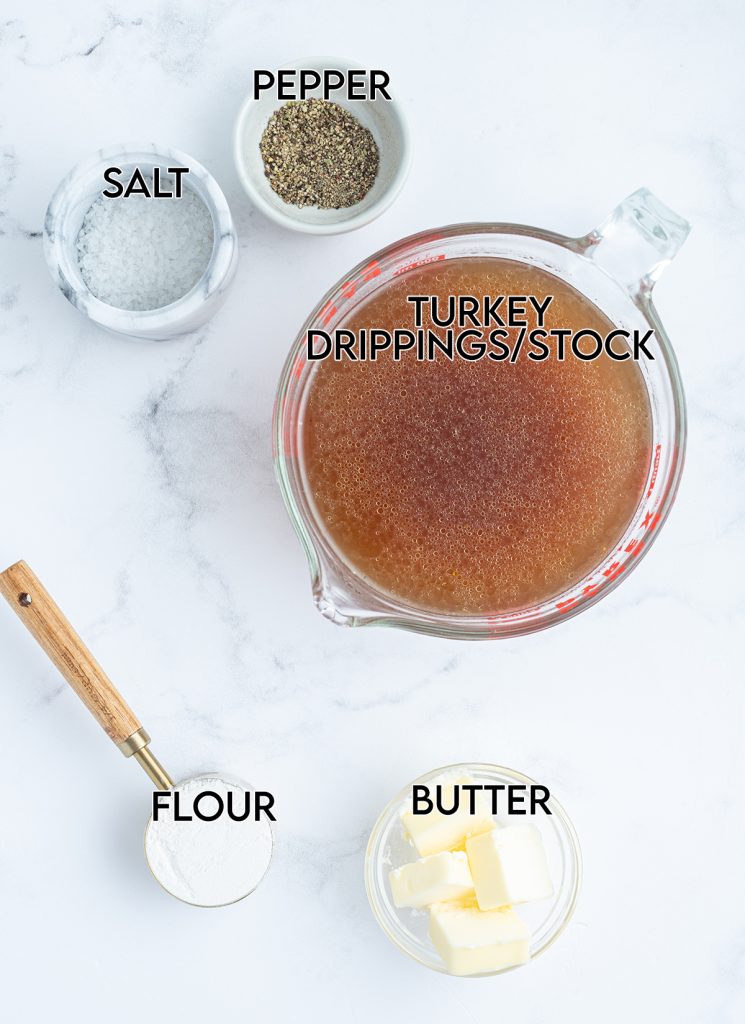 An overhead photo of the ingredients needed to make Thanksgiving turkey gravy.