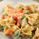 This vegetable pasta salad is tasty with colorful and crunchy vegetables dressed in a light mayo/mustard and fresh herb sauce.