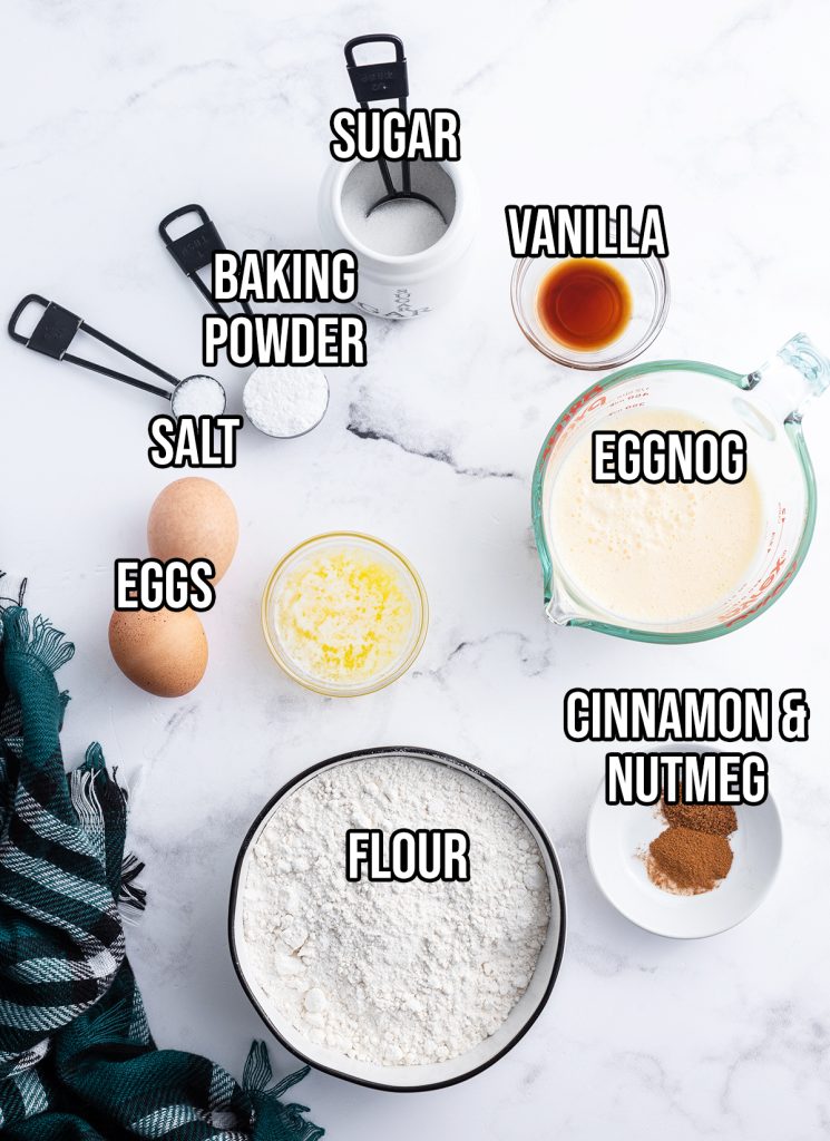An overhead photo of the ingredients needed to make eggnog pancakes.