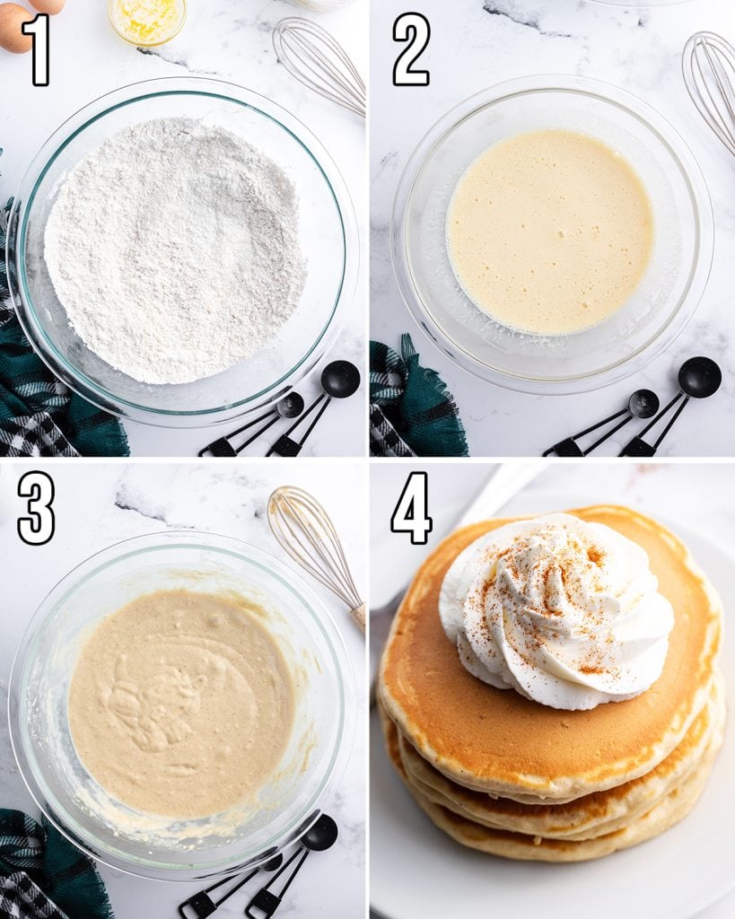 A collage of 4 photos showing how to make eggnog pancakes.