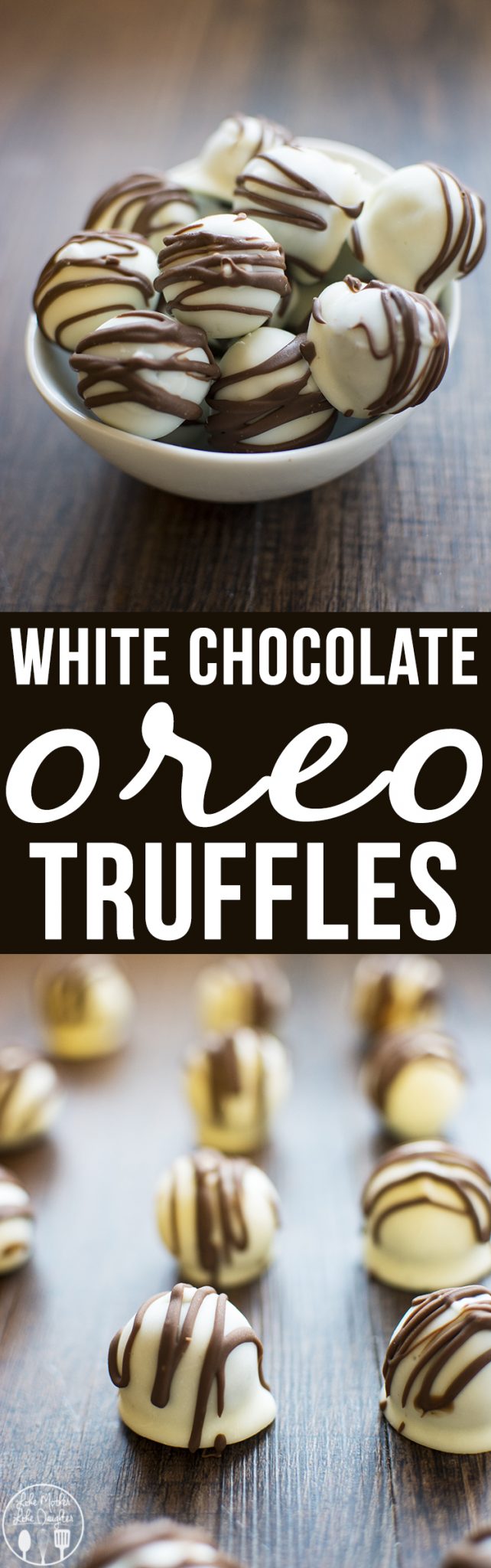 Title card for white chocolate oreo truffles with text.