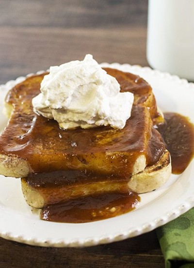 Front view of pumpkin syrup on top of french toast.