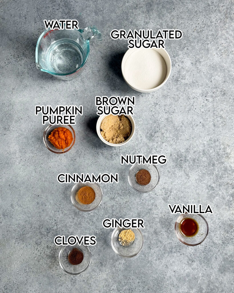 Bowls of the ingredients needed to make homemade pumpkin syrup. 