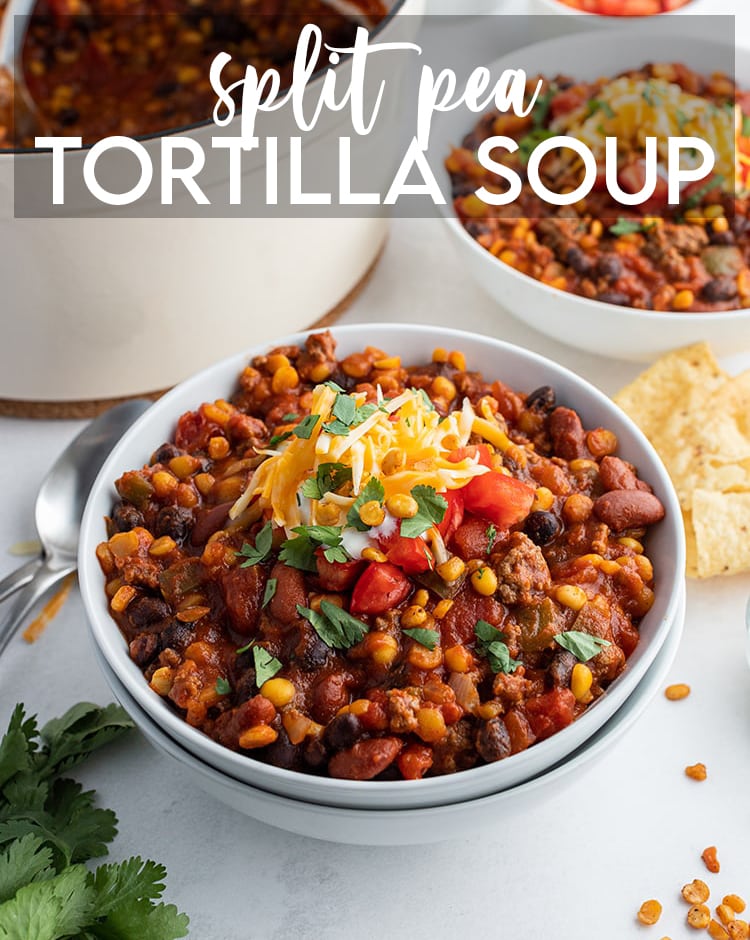 A bowl of split pea tortilla soup with text overlay for pinterest.