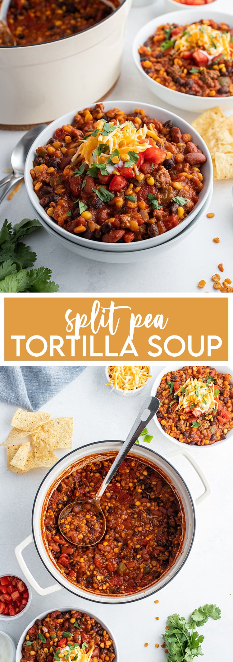 A collage of two photos of Split Pea Tortilla soup with text in the middle for pinterest.