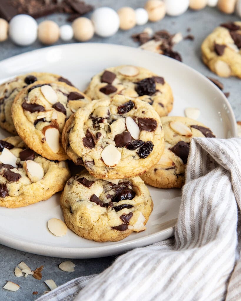 A plate of cherry chocolate almond cookies.