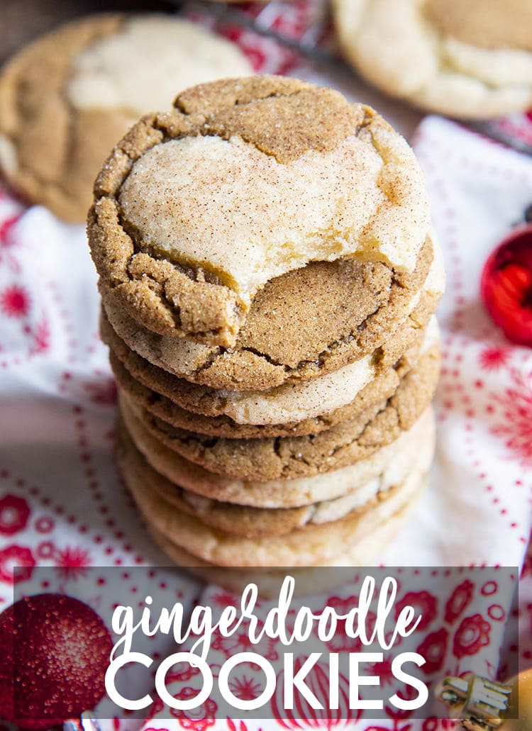 A stack of half ginger molasses, half snickerdoodle cookie swirled together. The top has a bite taken out of it. There is a text overlay for pinterest that says Gingerdoodle Cookies.