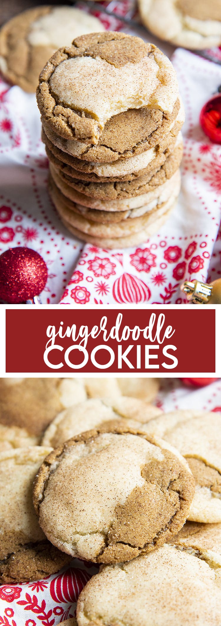 A collage of two photos of gingerdoodle cookies that are swirled ginger cookies and snickerdoodles.