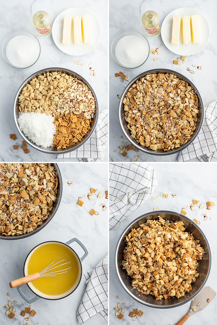 Step by step photos how to make gooey coconut chex mix.