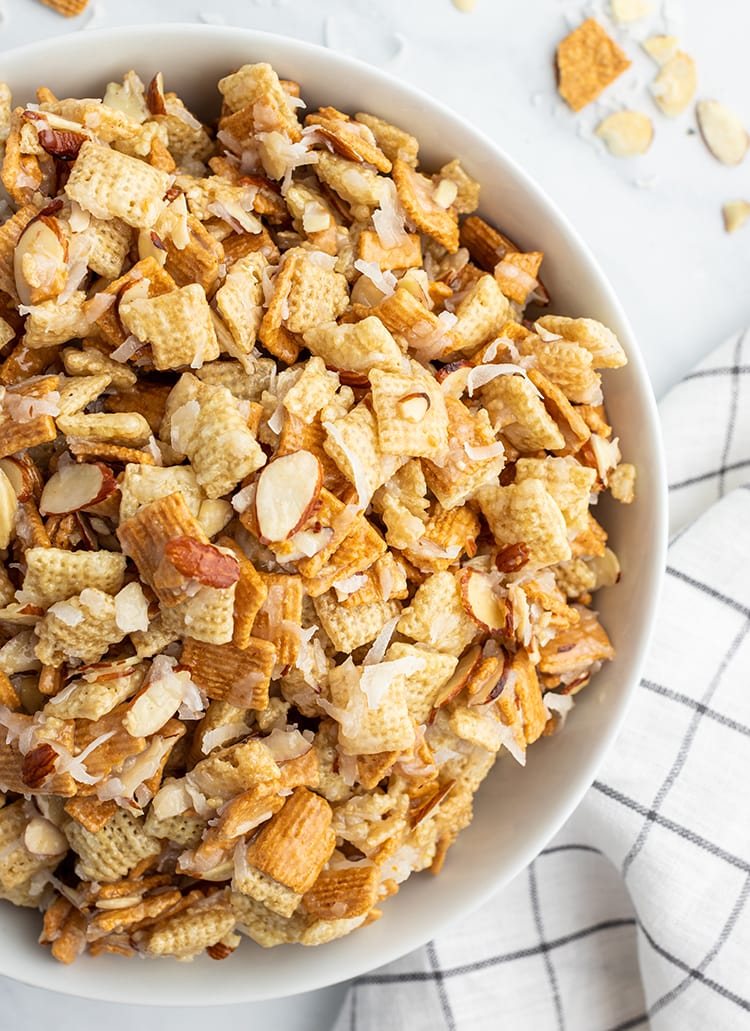 A bowl of coconut almond chex mix.