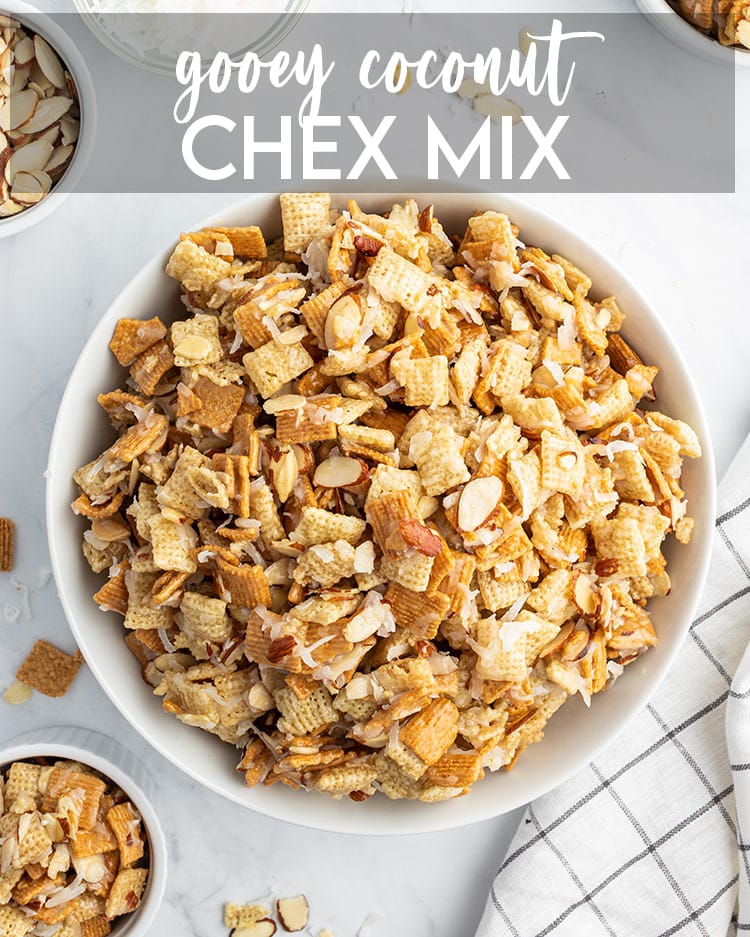A large bowl of coconut chex mix, that is full of chex, golden grahams, sliced almonds, and shredded coconut, with a text overlay for Pinterest.