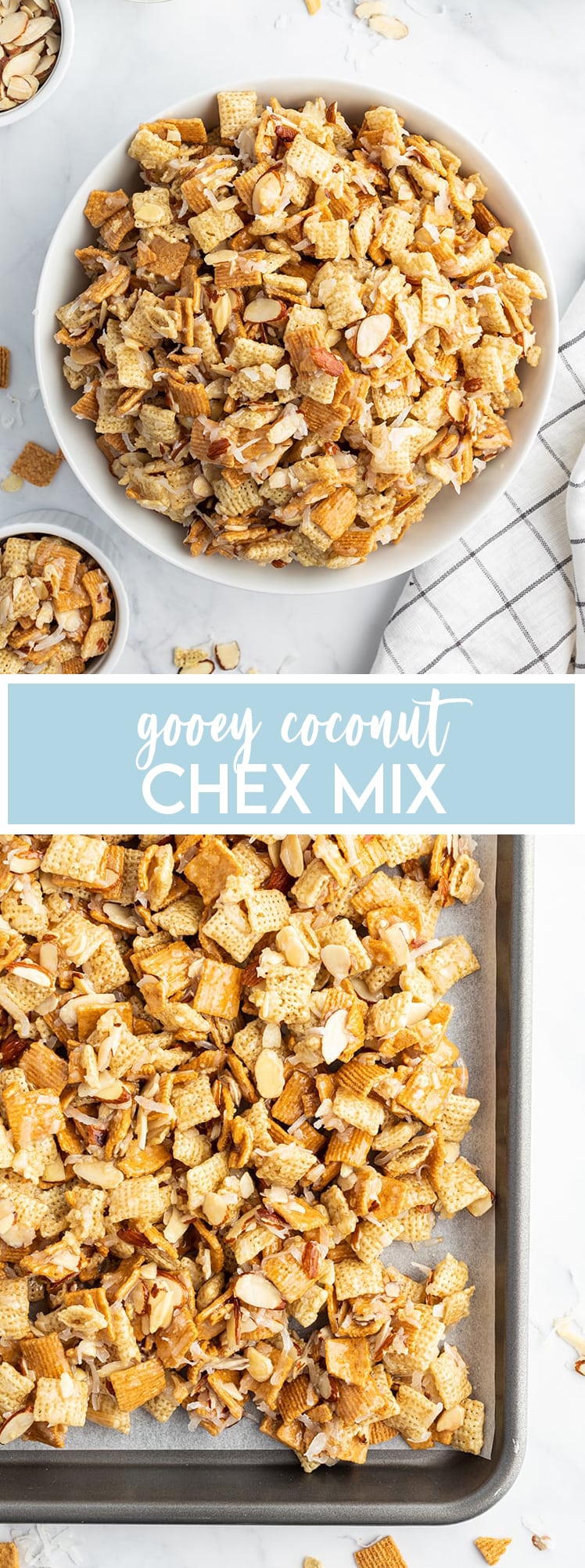 A collage of two photos of gooey coconut chex mix, it is chex cereal, almonds, and coconut covered in a sticky sugar mixture.