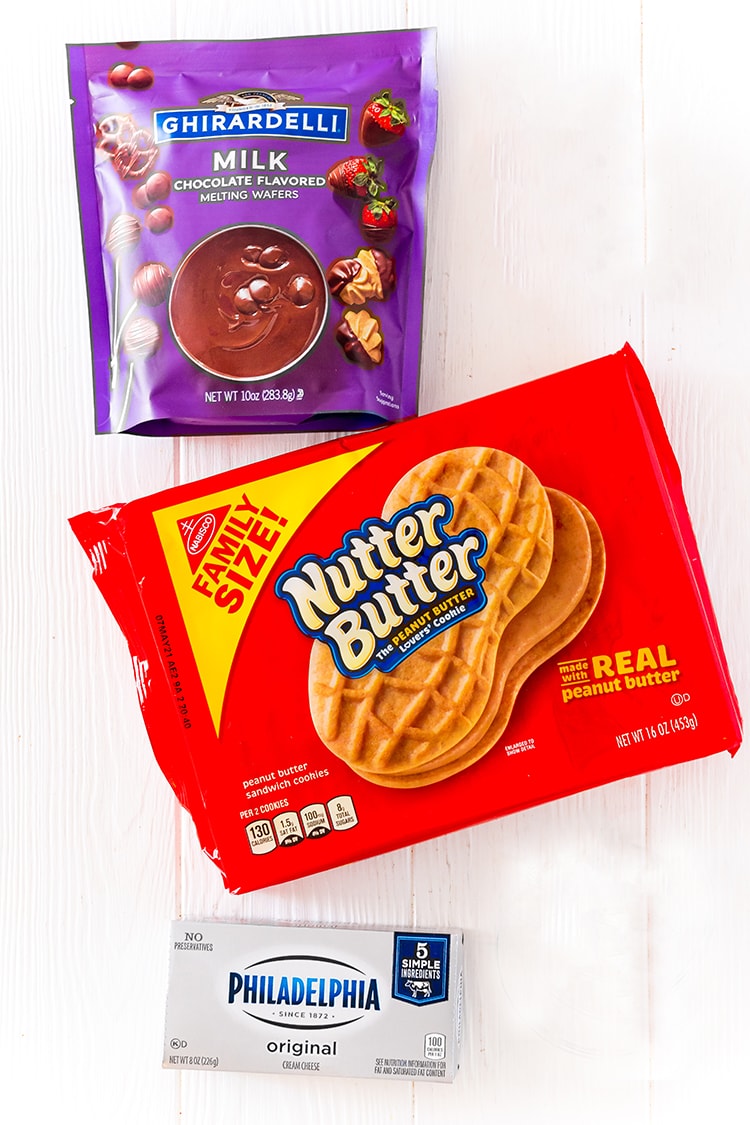 A photo showing a package of Nutter Butter Cookies, Ghiradelli Chocolate Melting Wafers and a package of cream cheese.
