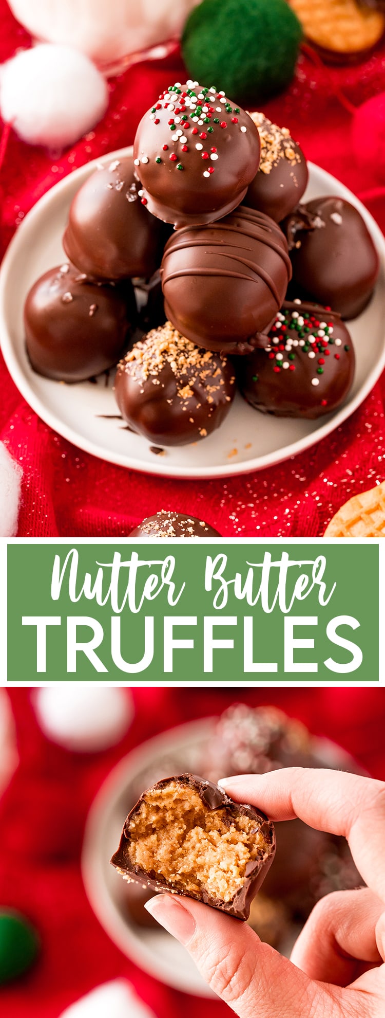 A collage of two photos of Nutter Butter Truffles with a text block in the middle that says \"Nutter Butter Truffles\"