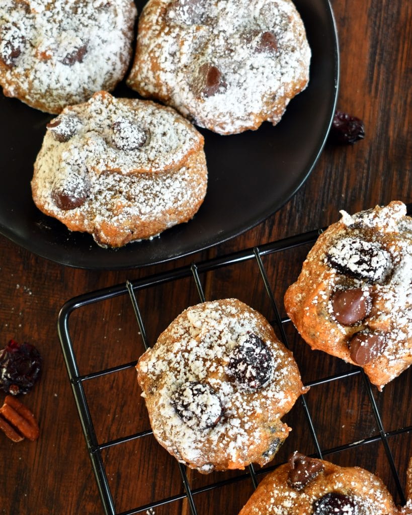 Above view of persimmon chocolate chip cookies on a cooling rack.