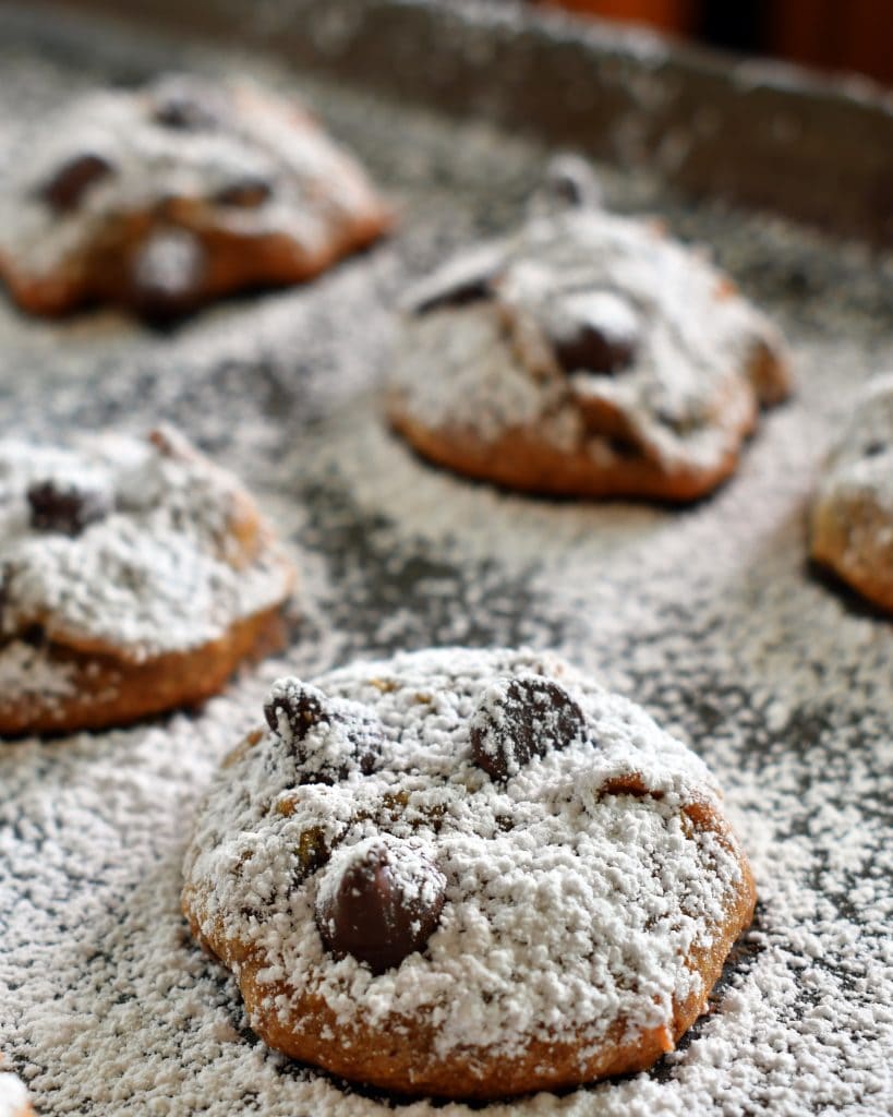 Front view of persimmon chocolate chip cookies with powder sugar.
