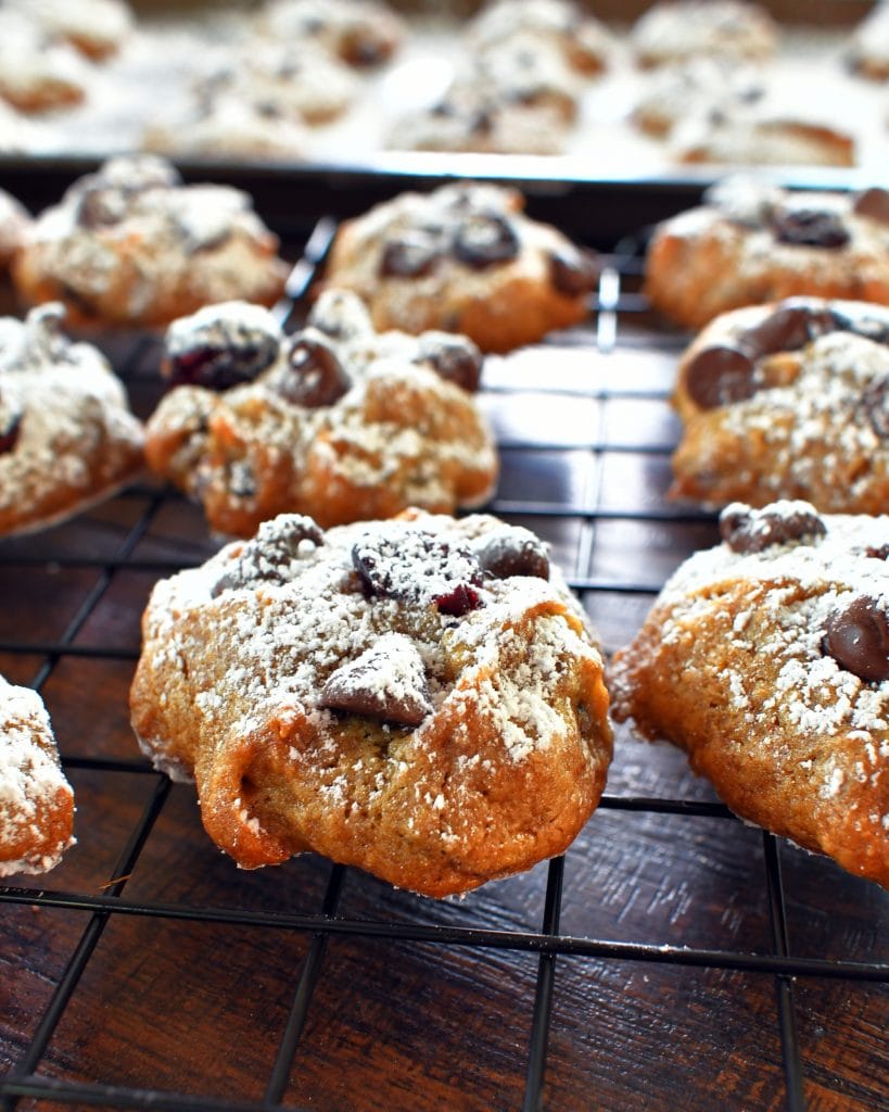 Front view of persimmon chocolate chip cookies on a cooling rack.