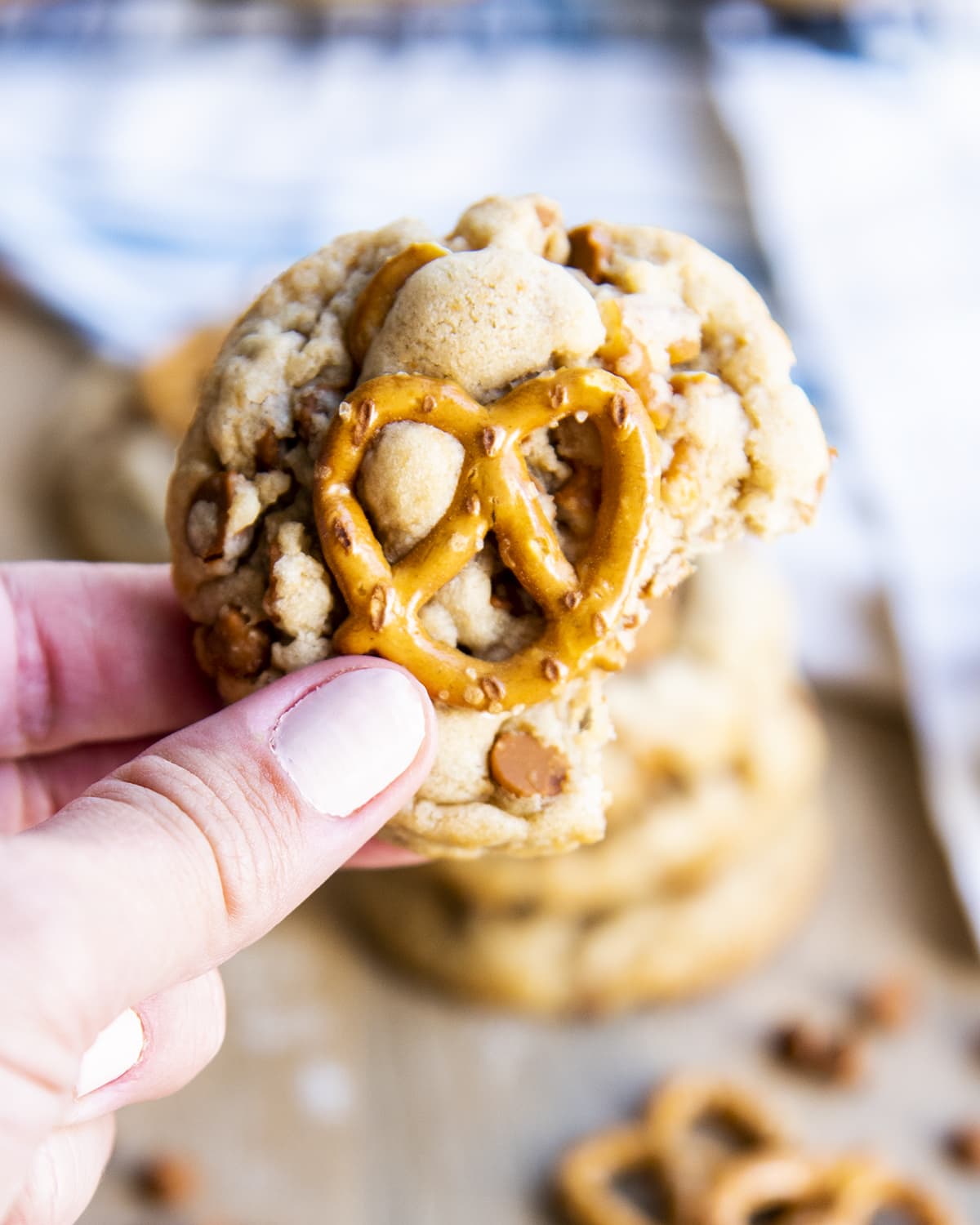 A hand holding a pretzel cinnamon chip cookie with a pretzel on top and a bite out of it.