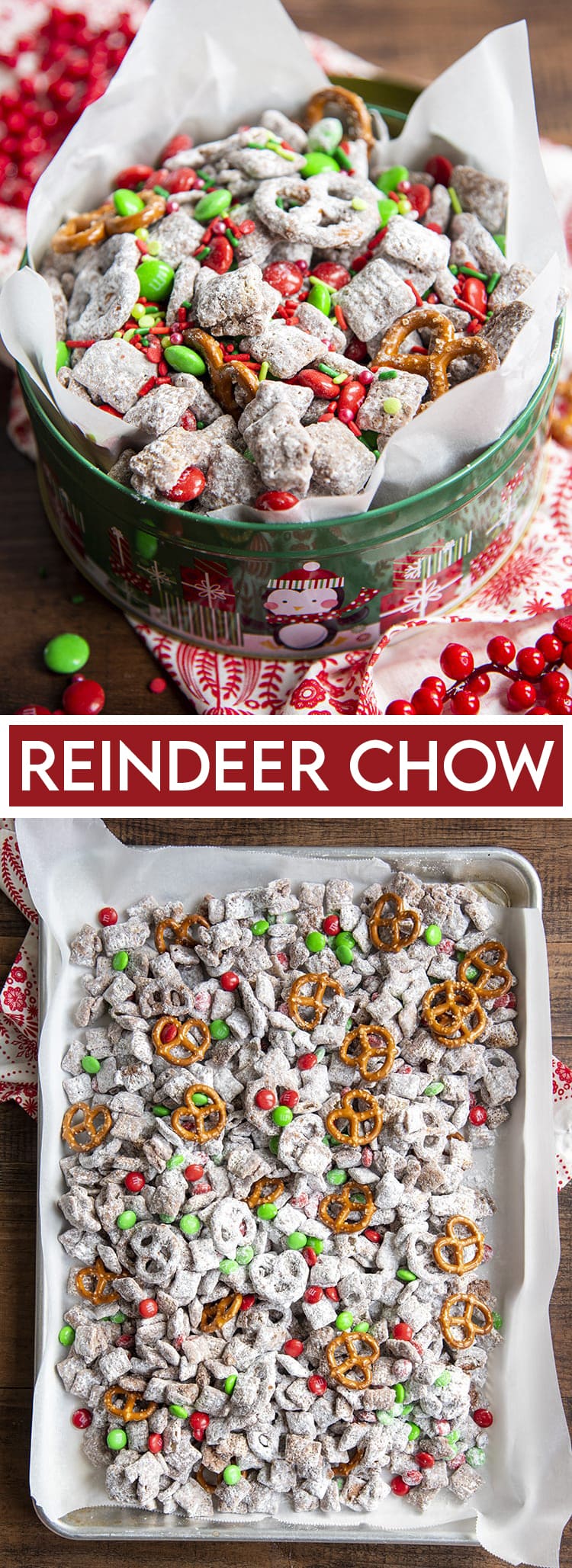 A collage of two photos of reindeer chow, which is muddy buddies full of pretzels and red and green m&ms.