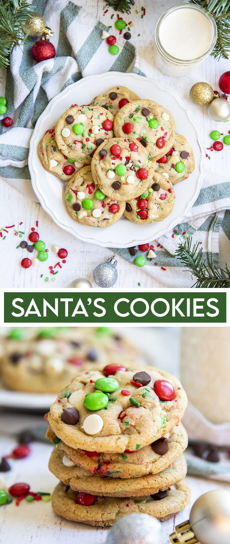 A collage of two photos of Santa\'s Cookies, which are chocolate chip cookies with red and green m&ms added.