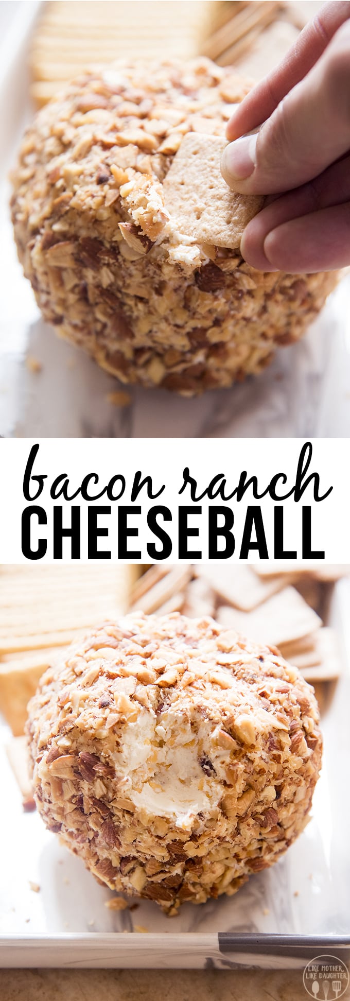 A collage of two photos of a bacon ranch cheeseball with a text block in the middle. 