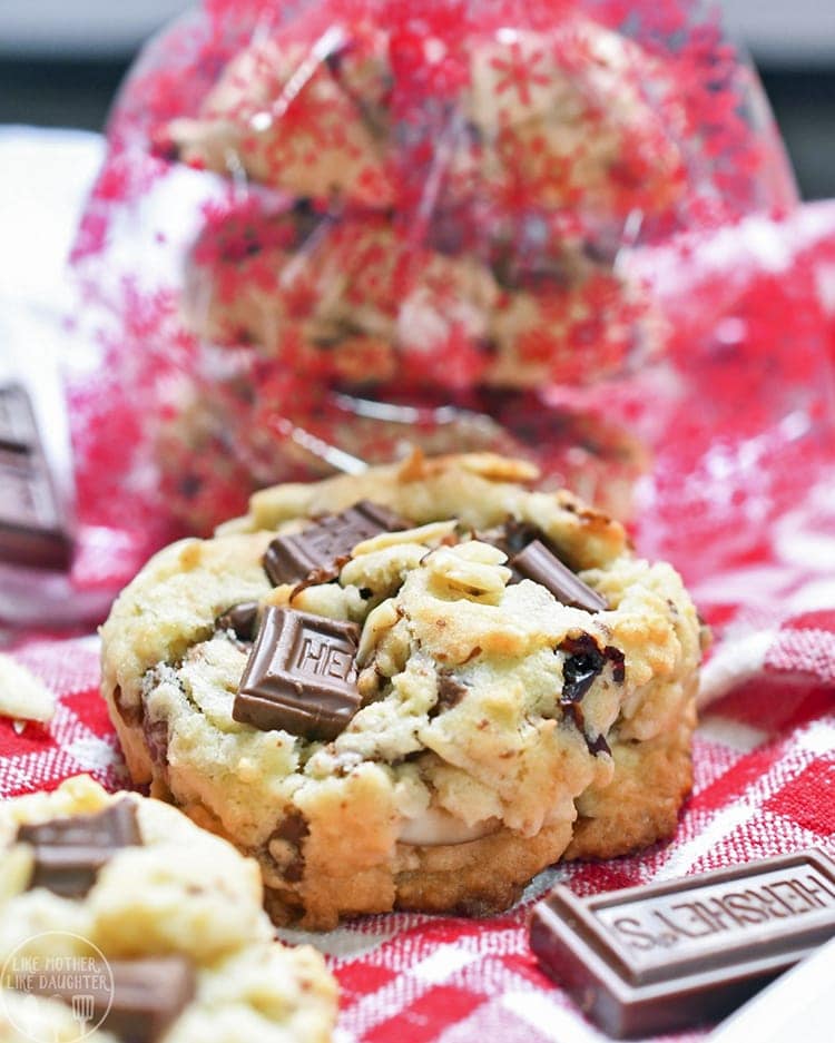 Front view of cherry chocolate almond cookies.