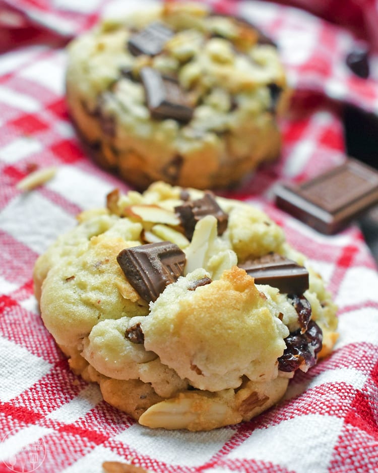Front view of cherry chocolate almond cookies.