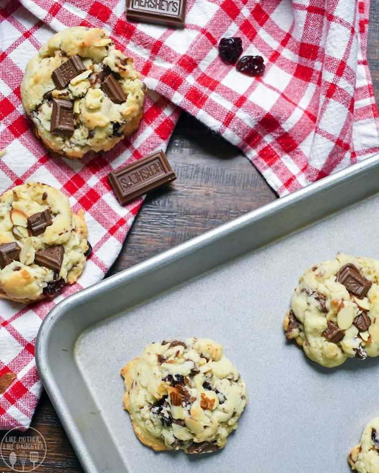 Top view of cherry chocolate almond cookies.