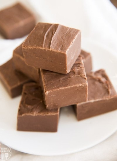 A pile of microwave chocolate fudge on a plate.