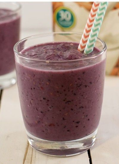Front view of banana berry smoothie with silk almond milk.