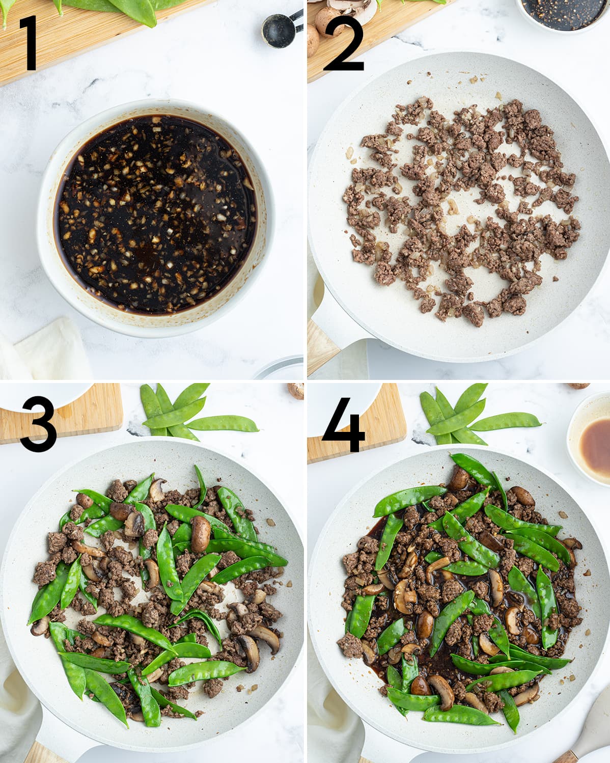 A collage of 4 overhead photos of the steps to make asian beef with snow peas. 