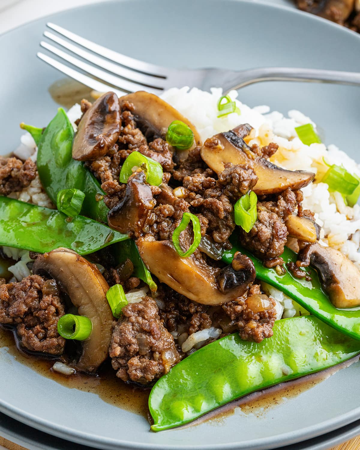 A close up of a plate of asian beef with snow peas, over rice, with green onions on top.