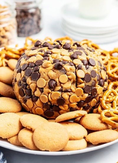 A peanut butter cheese ball wrapped in chocolate chips and peanut butter chips on a plate with pretzels and cookies.