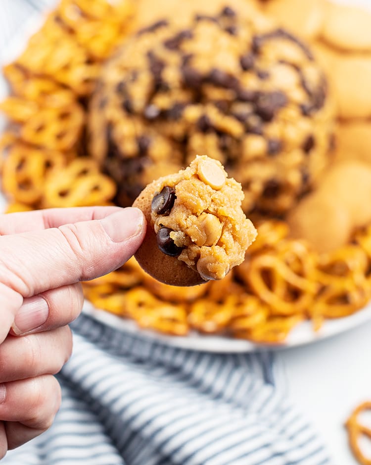 Peanut Butter Cheese Ball spread on a nilla wafer cookie.