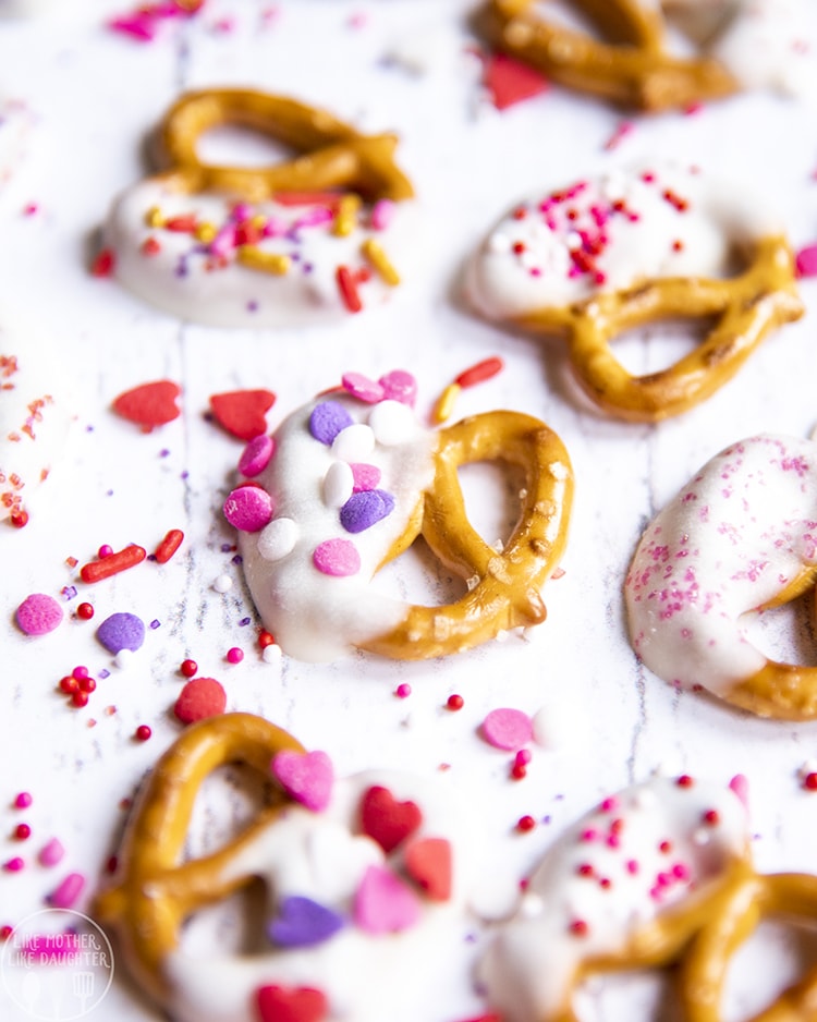 White Chocolate Valentine Pretzels with sprinkles