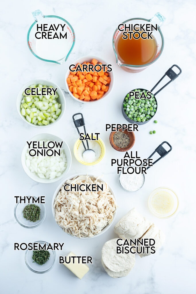 An overhead photo of the ingredients needed to make biscuit chicken pot pie.