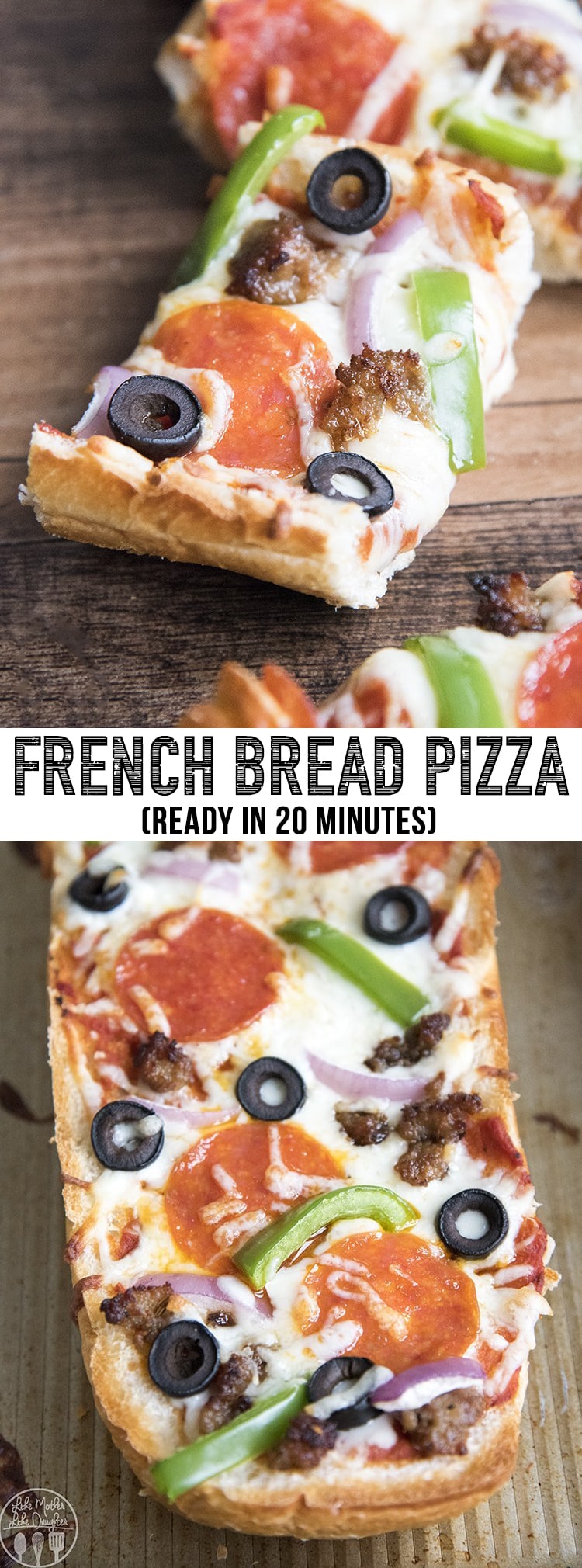 A collage of two photos of french bread pizza with a text block in the middle.