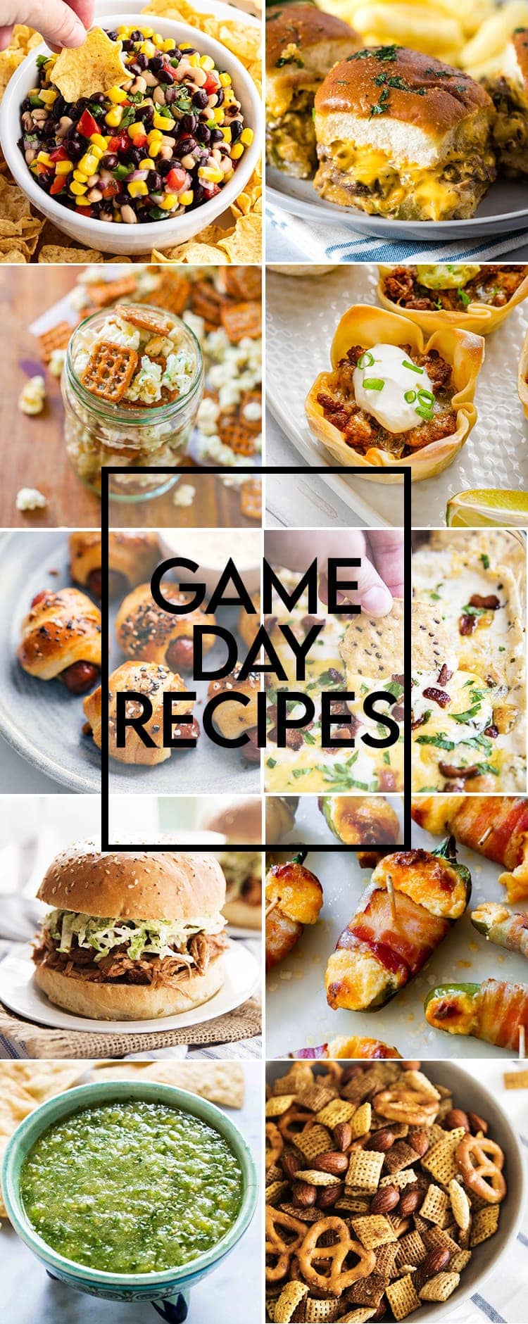Title card for game day recipes with collage of related images behind.